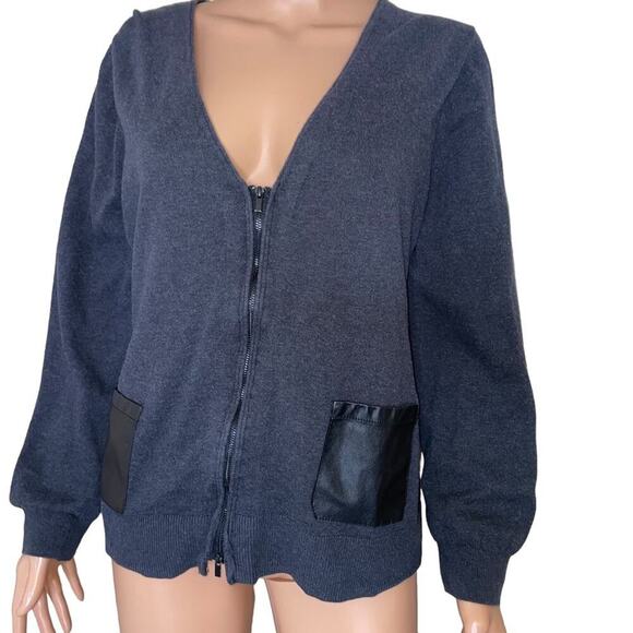 Lane Bryant charcoal gray with black faux leather pockets zip up cardigan SZ 18 - Picture 4 of 11